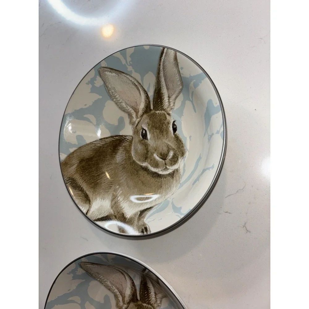 Set Of 4 Williams Sonoma Damask Bunny Cereal SOUP BOWL Blue Floral Rabbit  7.5